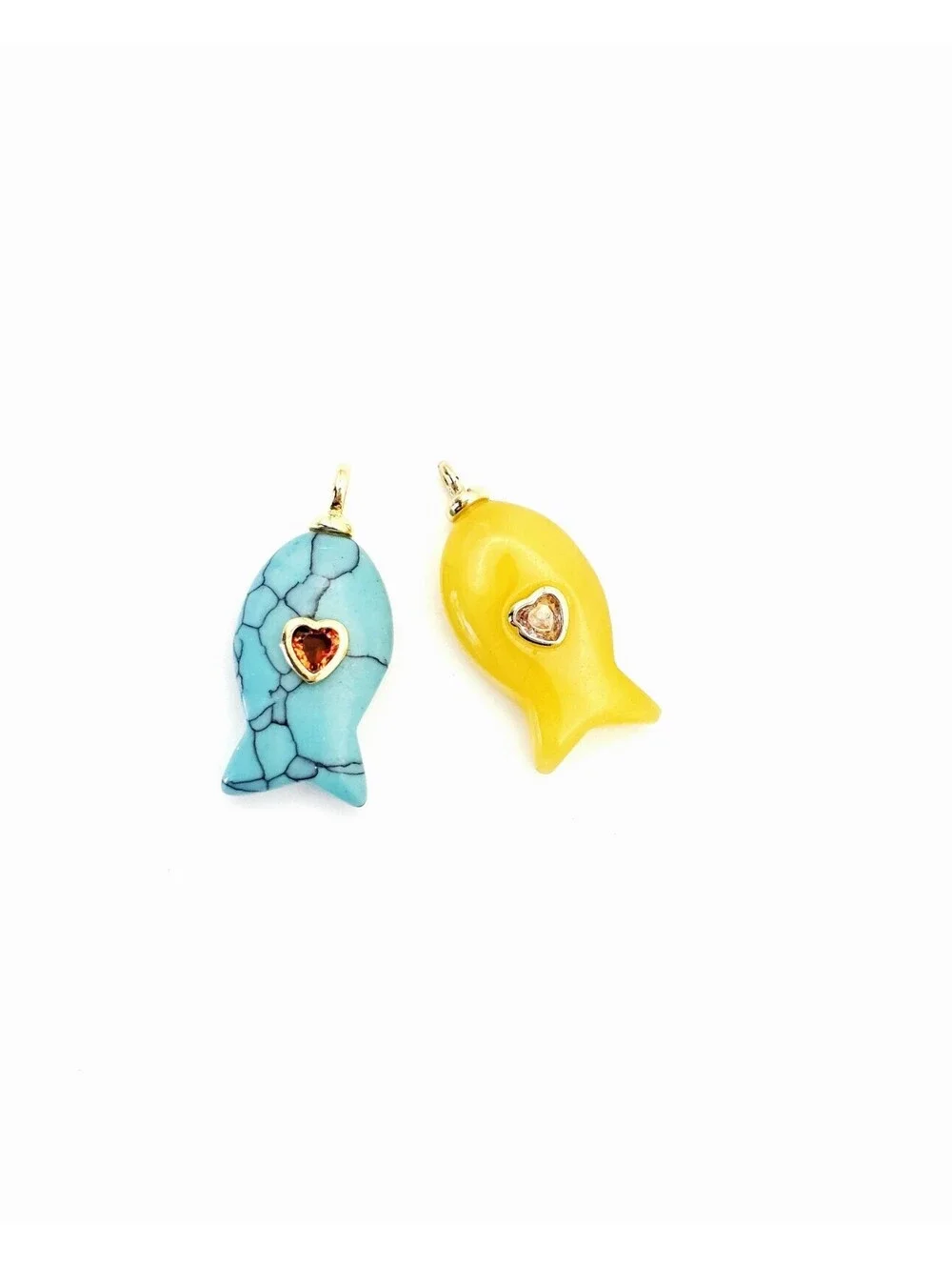 Two Gemstone Fish Charms for Carabiner Turquoise Yellow Quartz CZ MSRP $58